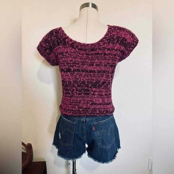 Vintage 80s Palm Leaf Knit Sweater Top Magenta Black Indie Sleaze small - Picture 2 of 6